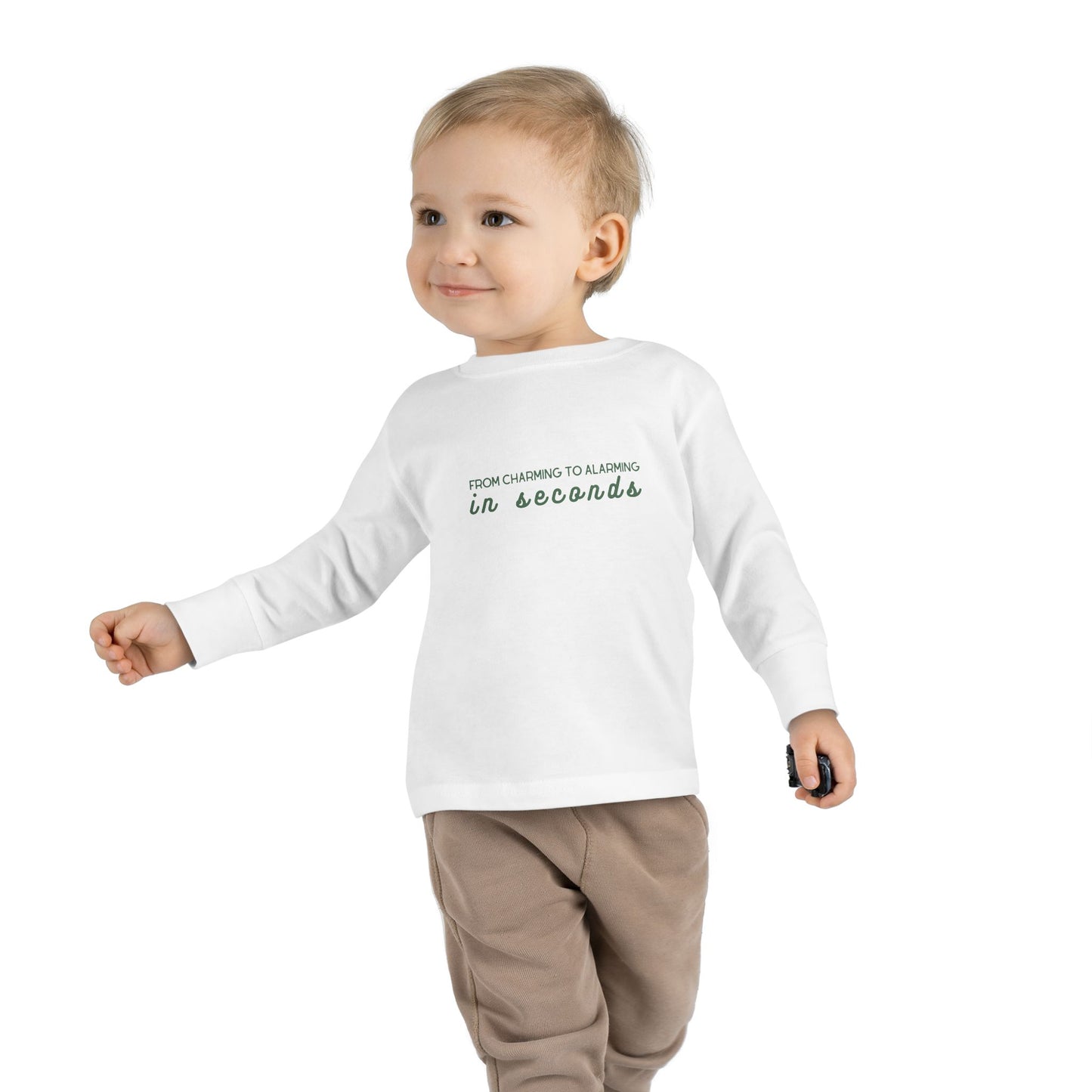 "From Alarming to Charming in Seconds" | Funny Toddler Long Sleeve Tee | Noah Kahan-Inspired Merch