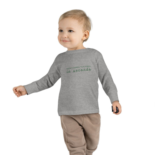 "From Alarming to Charming in Seconds" | Funny Toddler Long Sleeve Tee | Noah Kahan-Inspired Merch