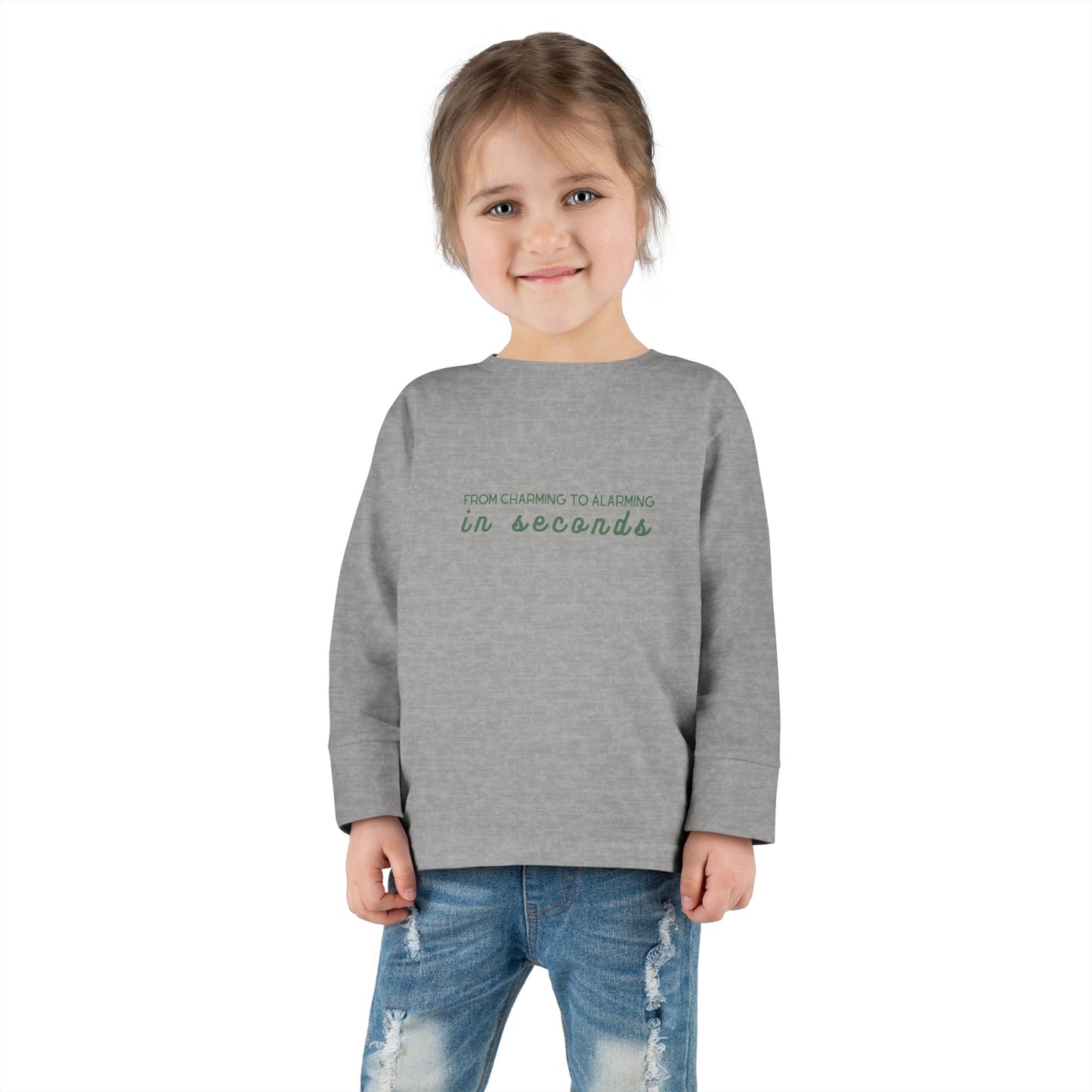 "From Alarming to Charming in Seconds" | Funny Toddler Long Sleeve Tee | Noah Kahan-Inspired Merch