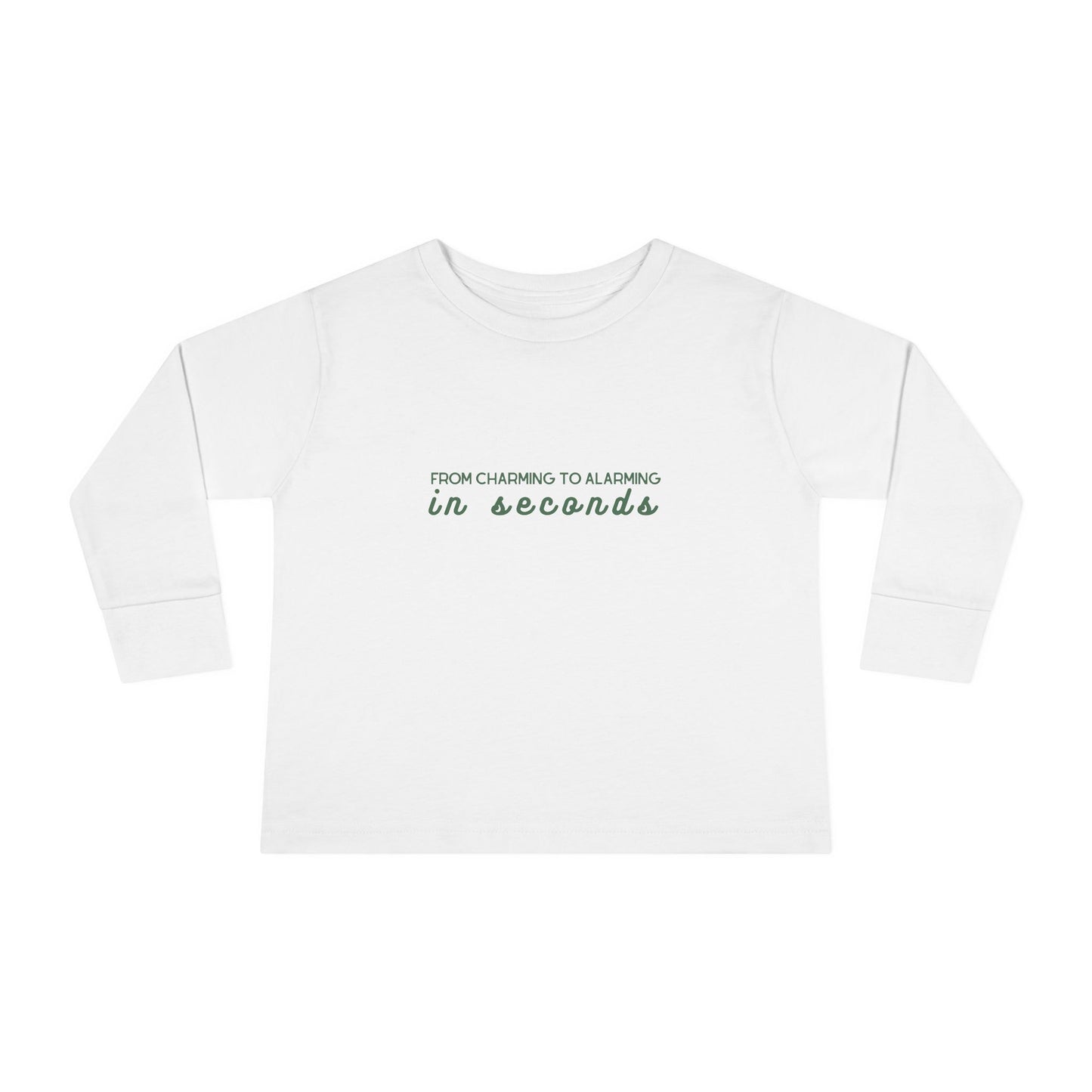 "From Alarming to Charming in Seconds" | Funny Toddler Long Sleeve Tee | Noah Kahan-Inspired Merch