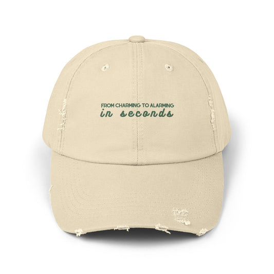 From Charming to Alarming in Seconds" Distressed Baseball Cap | Noah Kahan-inspired Hat | Custom & Unique Merch and Gifts