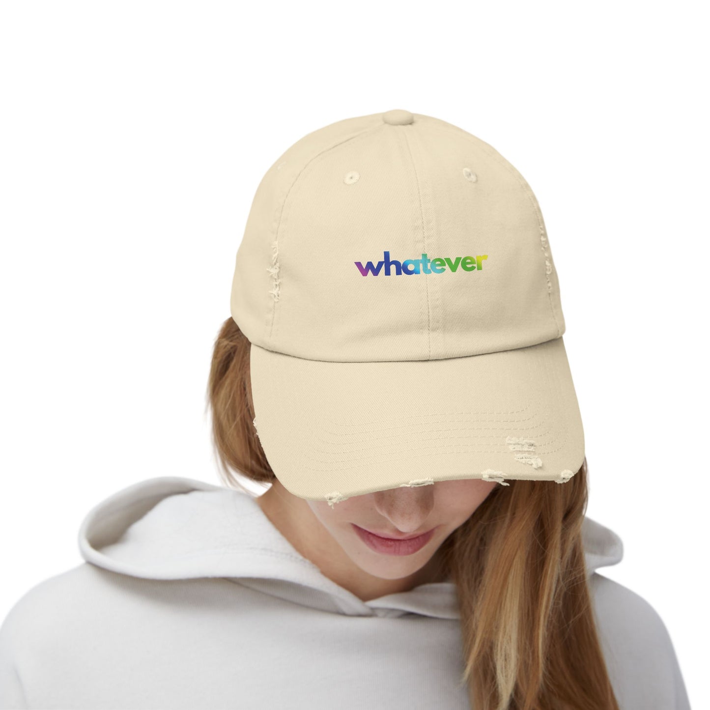 WHATEVER" (rainbow ombré) Unisex Distressed Cap