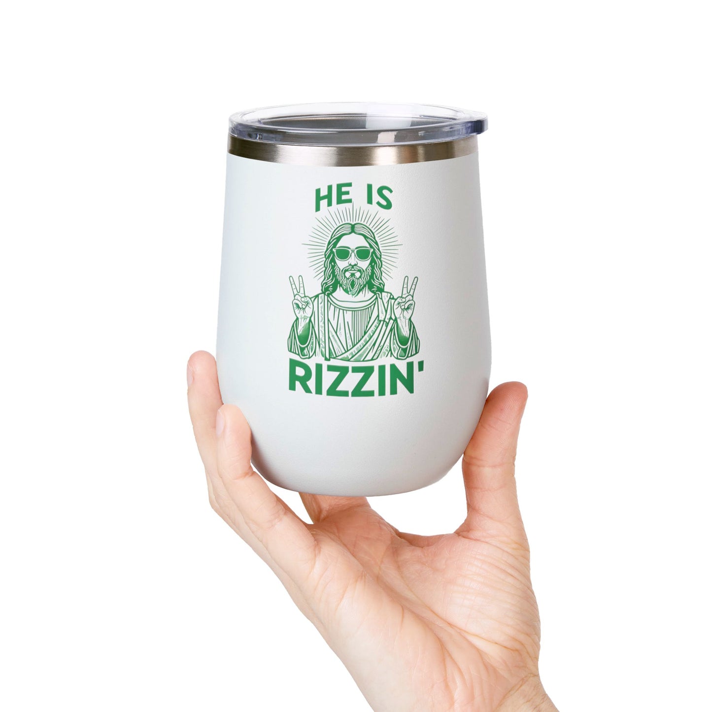 He is Rizzin' Wine Tumbler in Godly Green | Sip with Faith & Style
