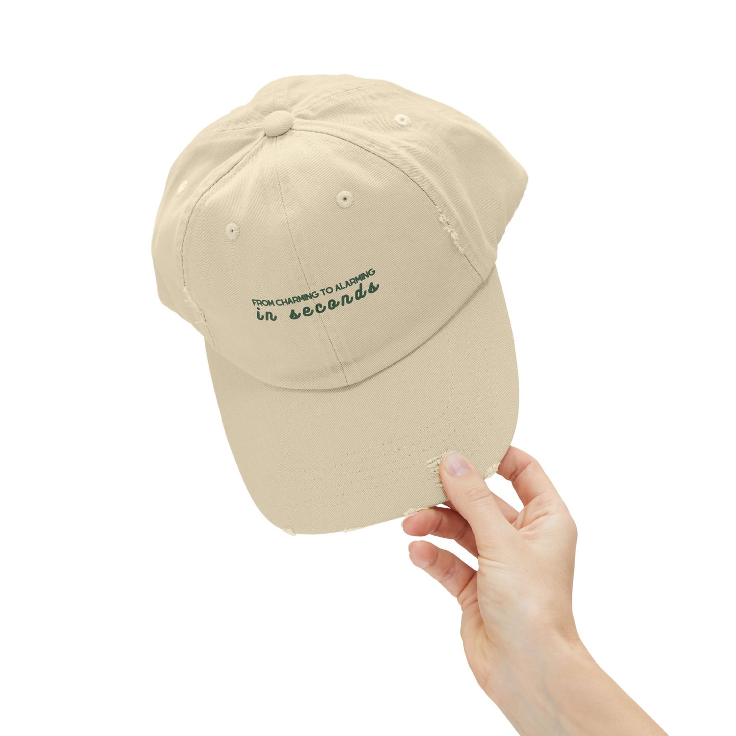 From Charming to Alarming in Seconds" Distressed Baseball Cap | Noah Kahan-inspired Hat | Custom & Unique Merch and Gifts