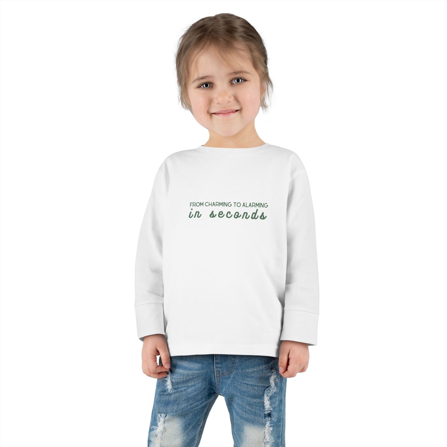 "From Alarming to Charming in Seconds" | Funny Toddler Long Sleeve Tee | Noah Kahan-Inspired Merch