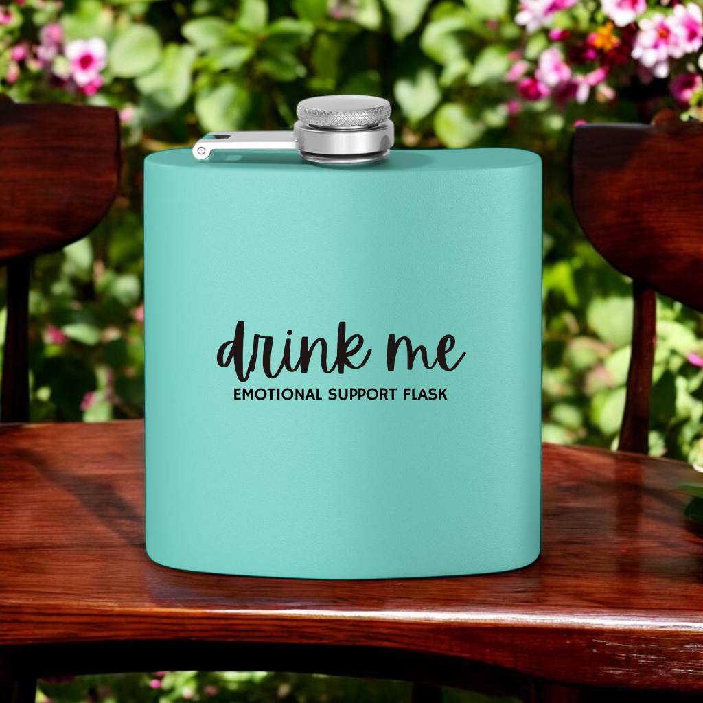 "Drink Me" Stainless Steel Flask, 6oz  Teal | Emotional Support Flask