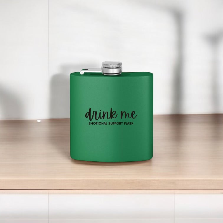 "Drink Me" Stainless Steel Flask, 6oz  Green | Emotional Support Flask