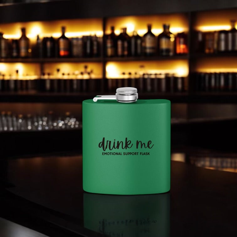 "Drink Me" Stainless Steel Flask, 6oz  Green | Emotional Support Flask