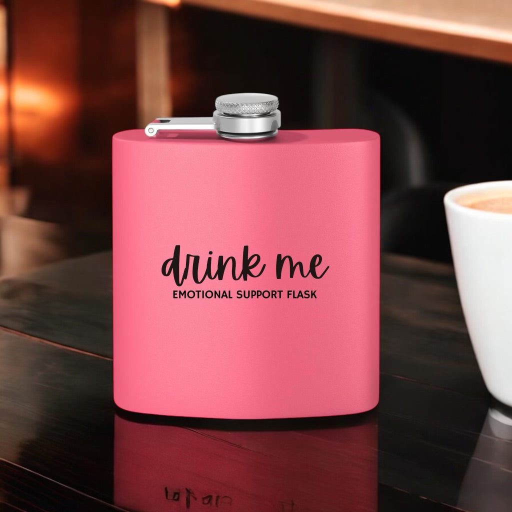 "Drink Me" Stainless Steel Flask, 6oz  Pink | Emotional Support Flask