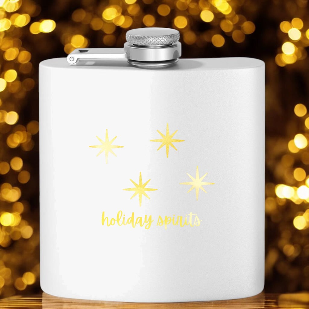 "Holiday Spirits" Stainless Steel Flask, 6oz  white | Unique Holiday Gift | Stocking Stuffers for Men and Women