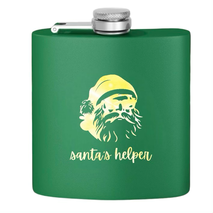 "Santa's Helper" Stainless Steel Flask, 6oz  (green/white gold) | Unique and Creative Gifts