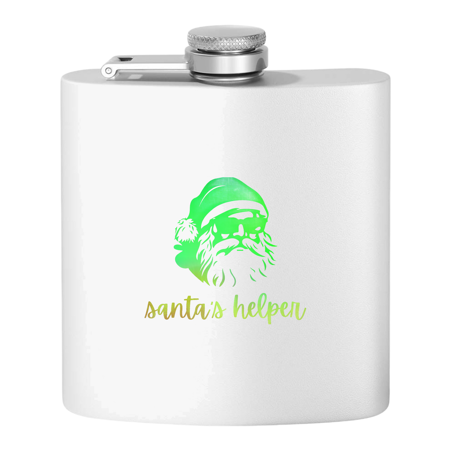 "Santa's Helper" Stainless Steel Flask, 6oz  (white/tinsel green) | Unique and Creative Gifts