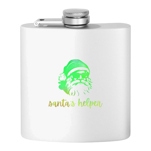 "Santa's Helper" Stainless Steel Flask, 6oz  (white/tinsel green) | Unique and Creative Gifts