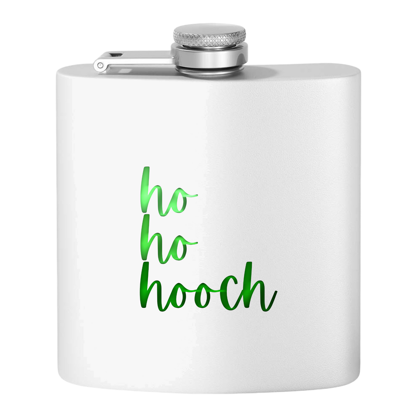 "Ho Ho Hooch" Stainless Steel Flask, 6oz  (white/tinsel green) | Unique and Creative Gifts | Stocking Stuffers