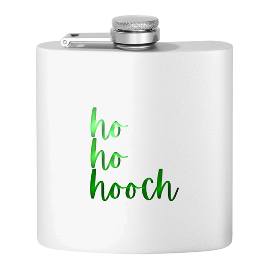 "Ho Ho Hooch" Stainless Steel Flask, 6oz  (white/tinsel green) | Unique and Creative Gifts | Stocking Stuffers