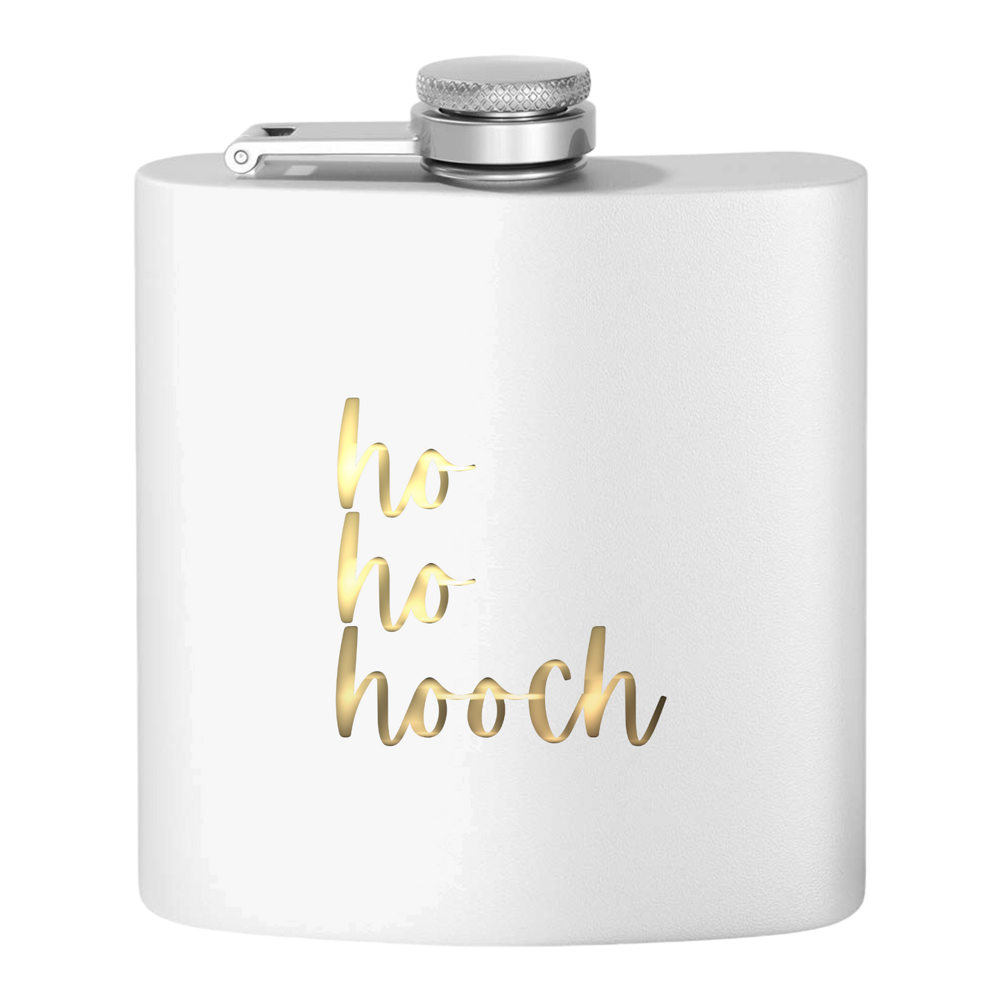 "Ho Ho Hooch" Stainless Steel Flask, 6oz  (white/white-gold) | Unique and Creative Gifts | Stocking Stuffers