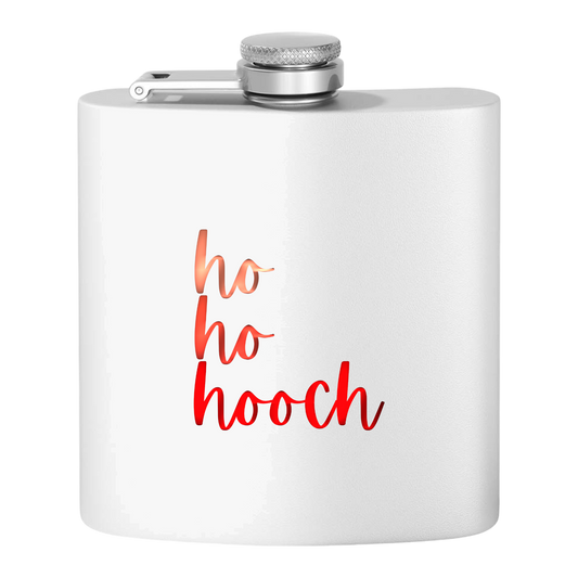 "Ho Ho Hooch" Stainless Steel Flask, 6oz  (white/tinsel red) | Unique and Creative Gifts | Stocking Stuffers