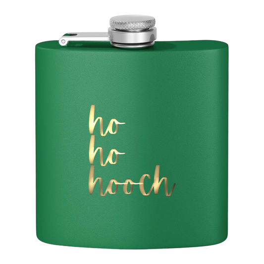 "Ho Ho Hooch" Stainless Steel Flask, 6oz  (green/golden tinsel) Unique and Creative Gifts | Stocking Stuffers