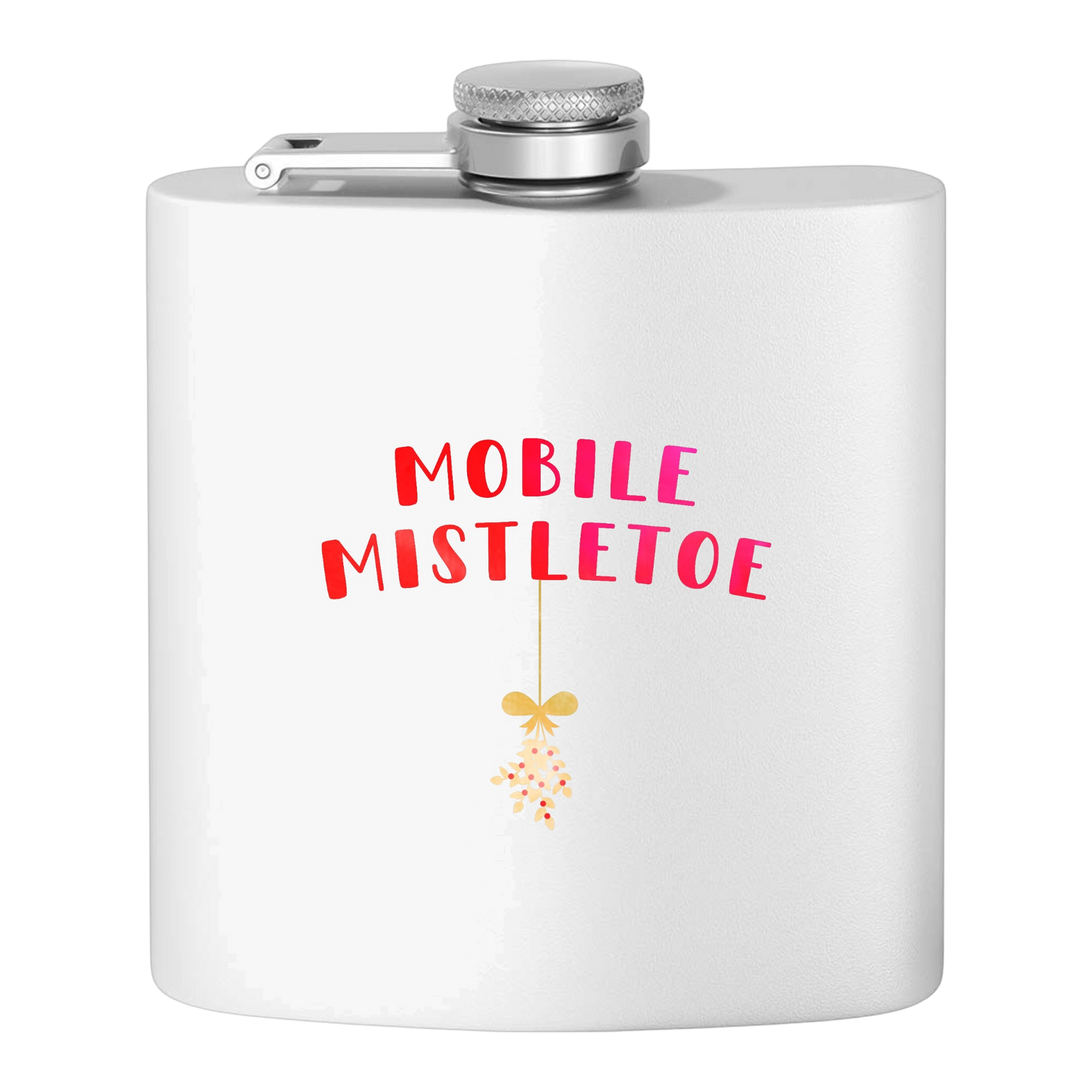 "Mobile Mistletoe" Stainless Steel Flask, 6oz  (polar white/red&gold) | Unique Holiday Gifts | Stocking Stuffer Ideas