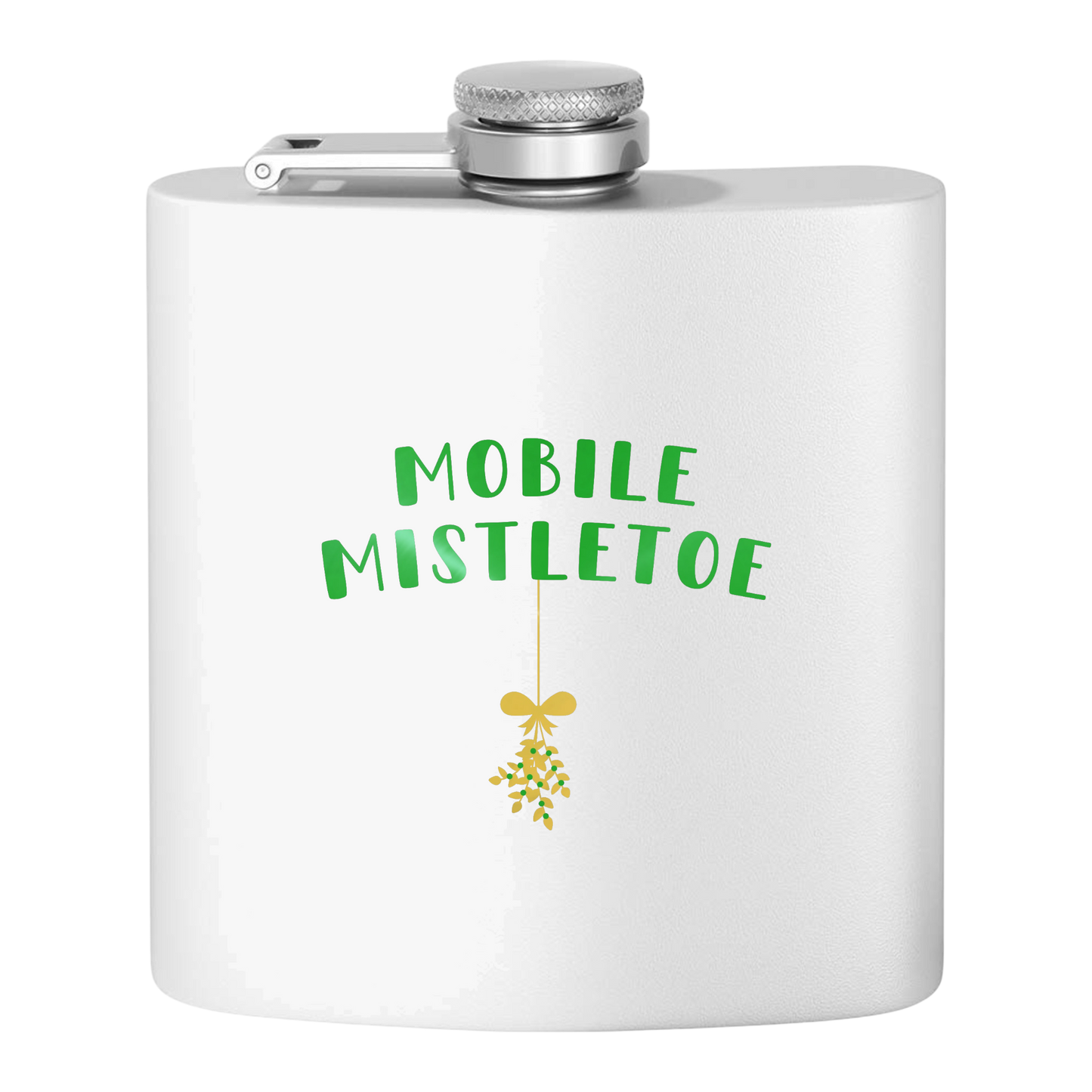 "Mobile Mistletoe" Stainless Steel Flask, 6oz  (polar white/green&gold) | Unique Holiday Gifts | Stocking Stuffer Ideas