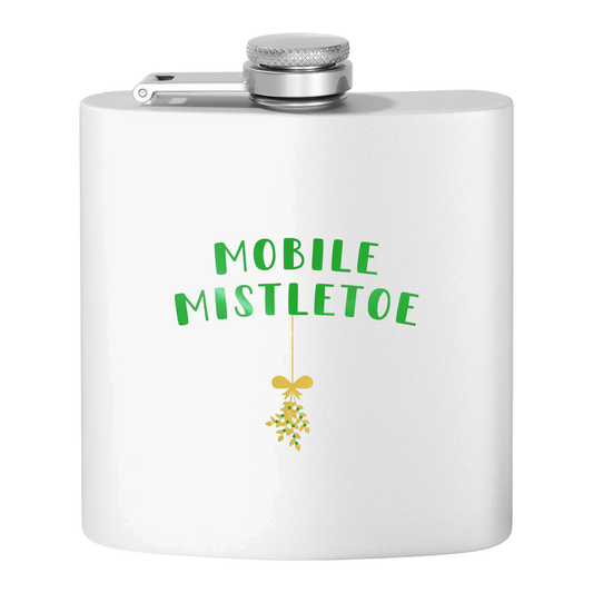 "Mobile Mistletoe" Stainless Steel Flask, 6oz  (polar white/green&gold) | Unique Holiday Gifts | Stocking Stuffer Ideas