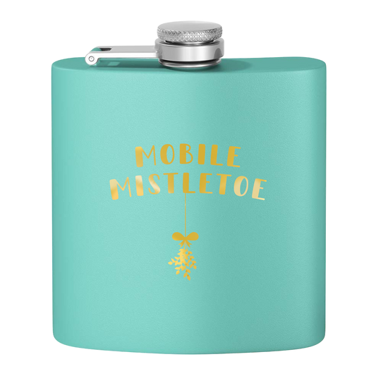 "Mobile Mistletoe" Stainless Steel Flask, 6oz  (teal&gold) | Unique Holiday Gifts | Stocking Stuffer Ideas