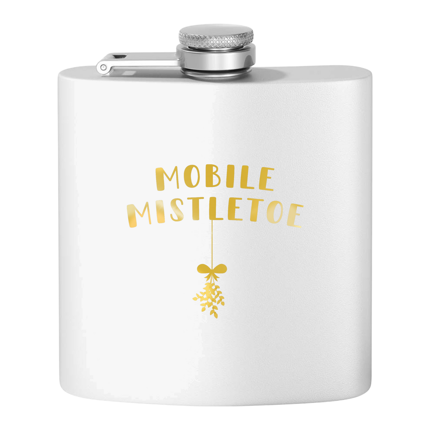 "Mobile Mistletoe" Stainless Steel Flask, 6oz  (polar white/tinsel gold) | Unique Holiday Gifts | Stocking Stuffer Ideas