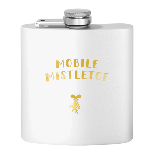 "Mobile Mistletoe" Stainless Steel Flask, 6oz  (polar white/tinsel gold) | Unique Holiday Gifts | Stocking Stuffer Ideas