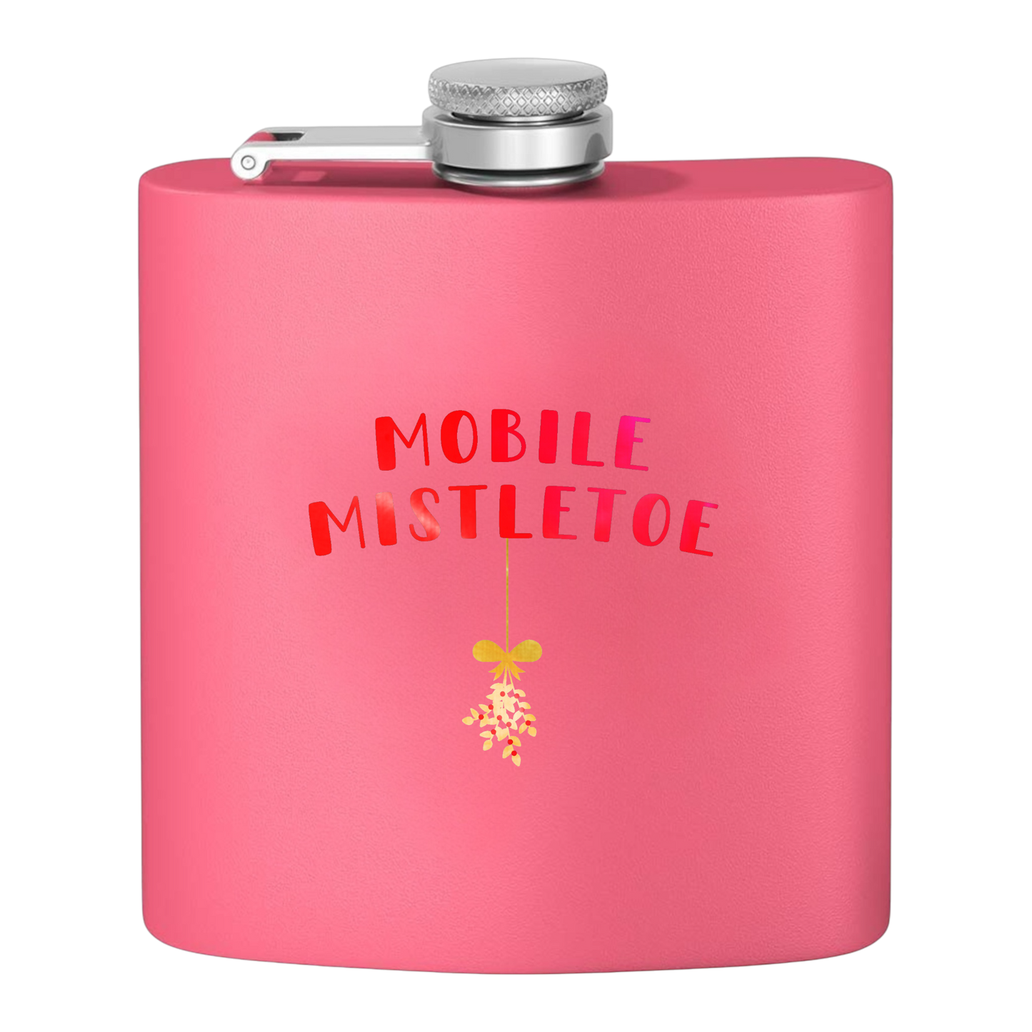 "Mobile Mistletoe" Stainless Steel Flask, 6oz  (polar white/red&gold) | Unique Holiday Gifts | Stocking Stuffer Ideas