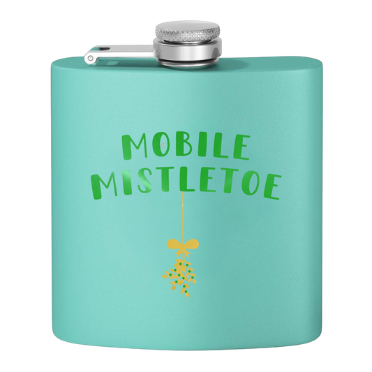 "Mobile Mistletoe" Stainless Steel Flask, 6oz  (teal/green&gold) | Unique Holiday Gifts | Stocking Stuffer Ideas