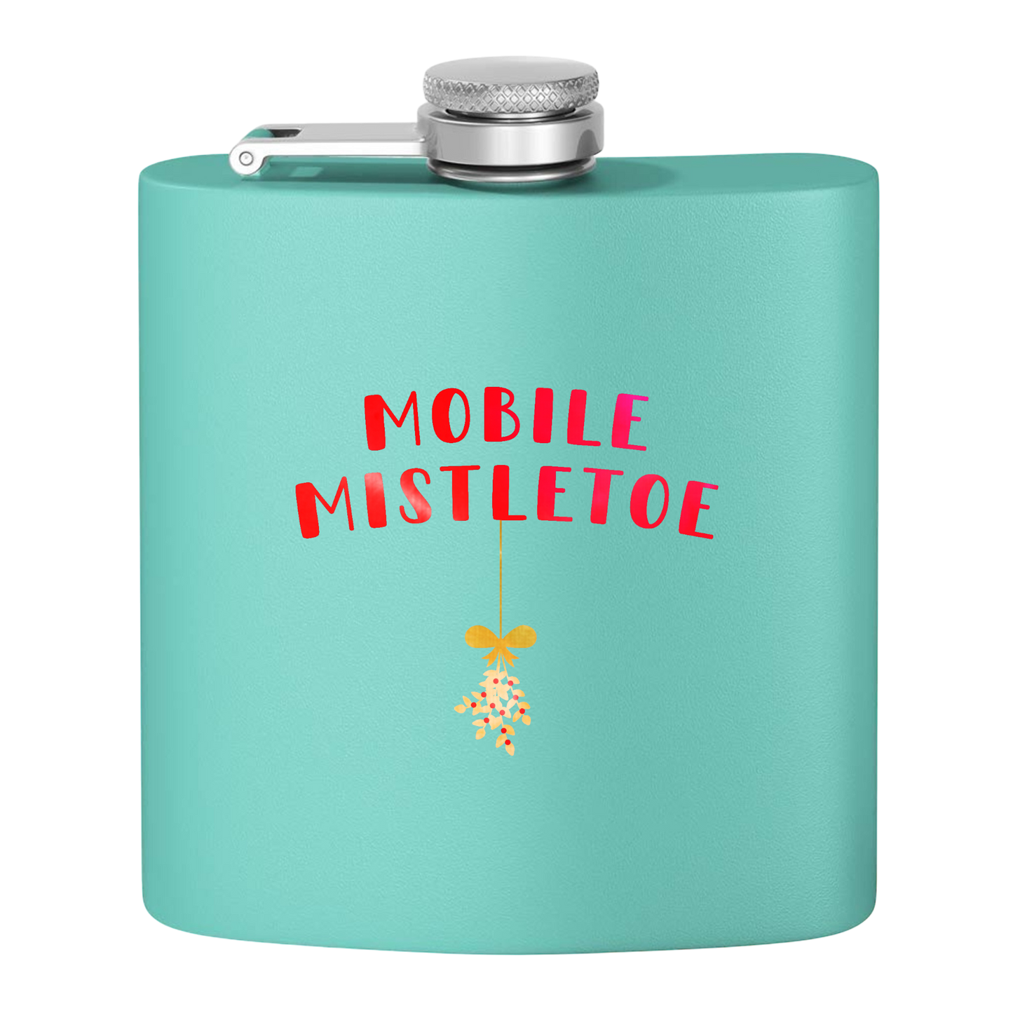 "Mobile Mistletoe" Stainless Steel Flask, 6oz  (teal/red&gold) | Unique Holiday Gifts | Stocking Stuffer Ideas