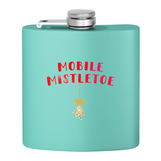 "Mobile Mistletoe" Stainless Steel Flask, 6oz  (teal/red&gold) | Unique Holiday Gifts | Stocking Stuffer Ideas