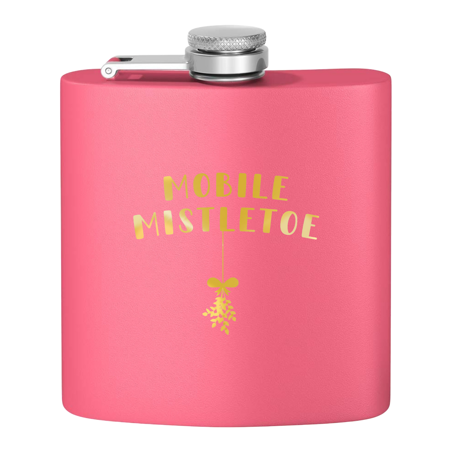 "Mobile Mistletoe" Stainless Steel Flask, 6oz  (pink/tinsel gold) | Unique Holiday Gifts | Stocking Stuffer Ideas