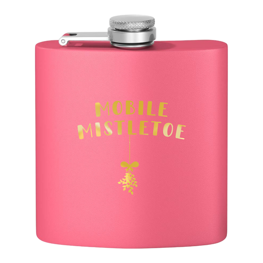 "Mobile Mistletoe" Stainless Steel Flask, 6oz  (pink/tinsel gold) | Unique Holiday Gifts | Stocking Stuffer Ideas