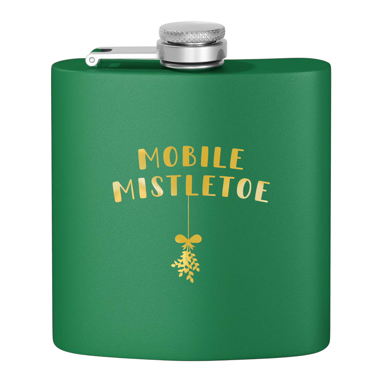 "Mobile Mistletoe" Stainless Steel Flask, 6oz  (green&gold) | Unique Holiday Gifts | Stocking Stuffer Ideas