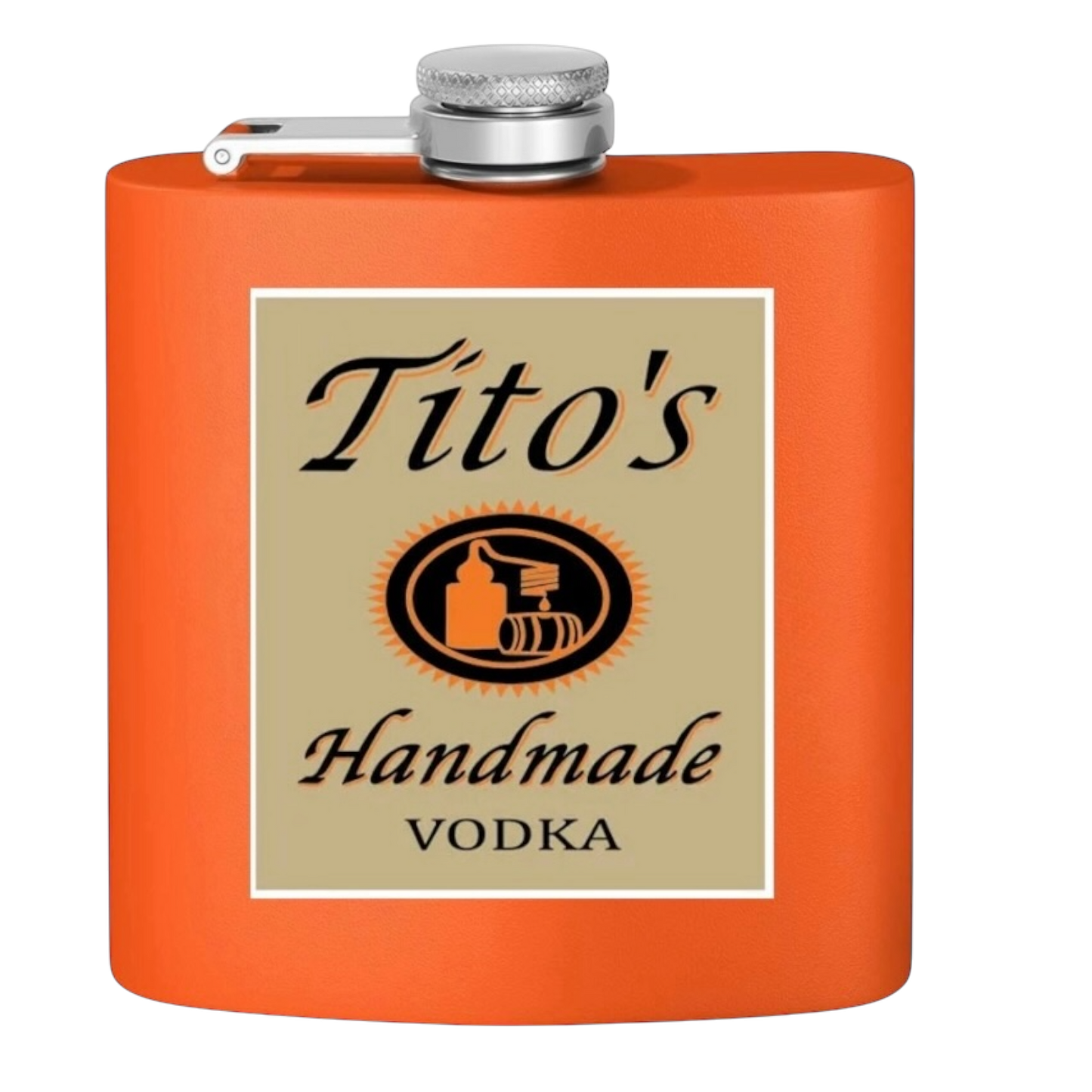 Tito's Label Stainless Steel Flask, 6oz (tan on orange)  | Unique Holiday Gifts | Stocking Stuffer Ideas