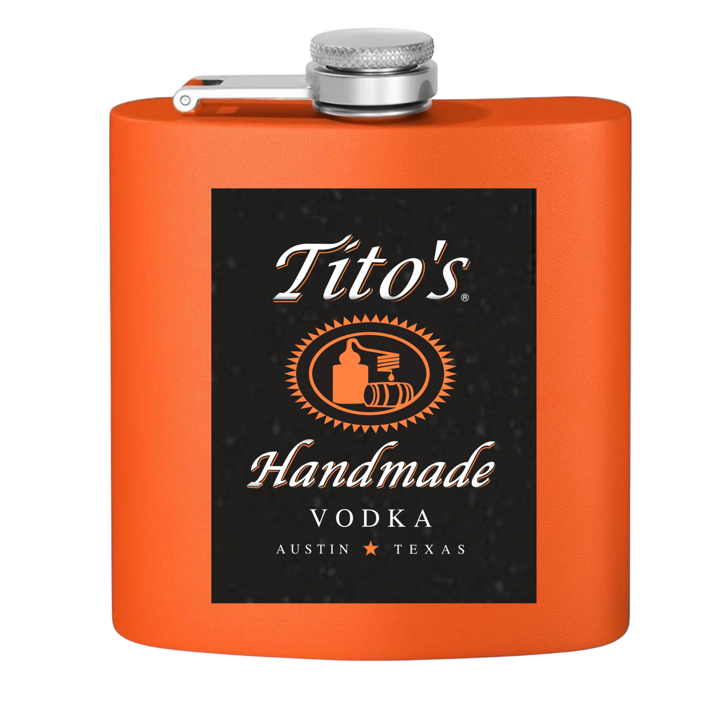 Tito's Label Stainless Steel Flask, 6oz (black on orange)  | Unique Holiday Gifts | Stocking Stuffer Ideas