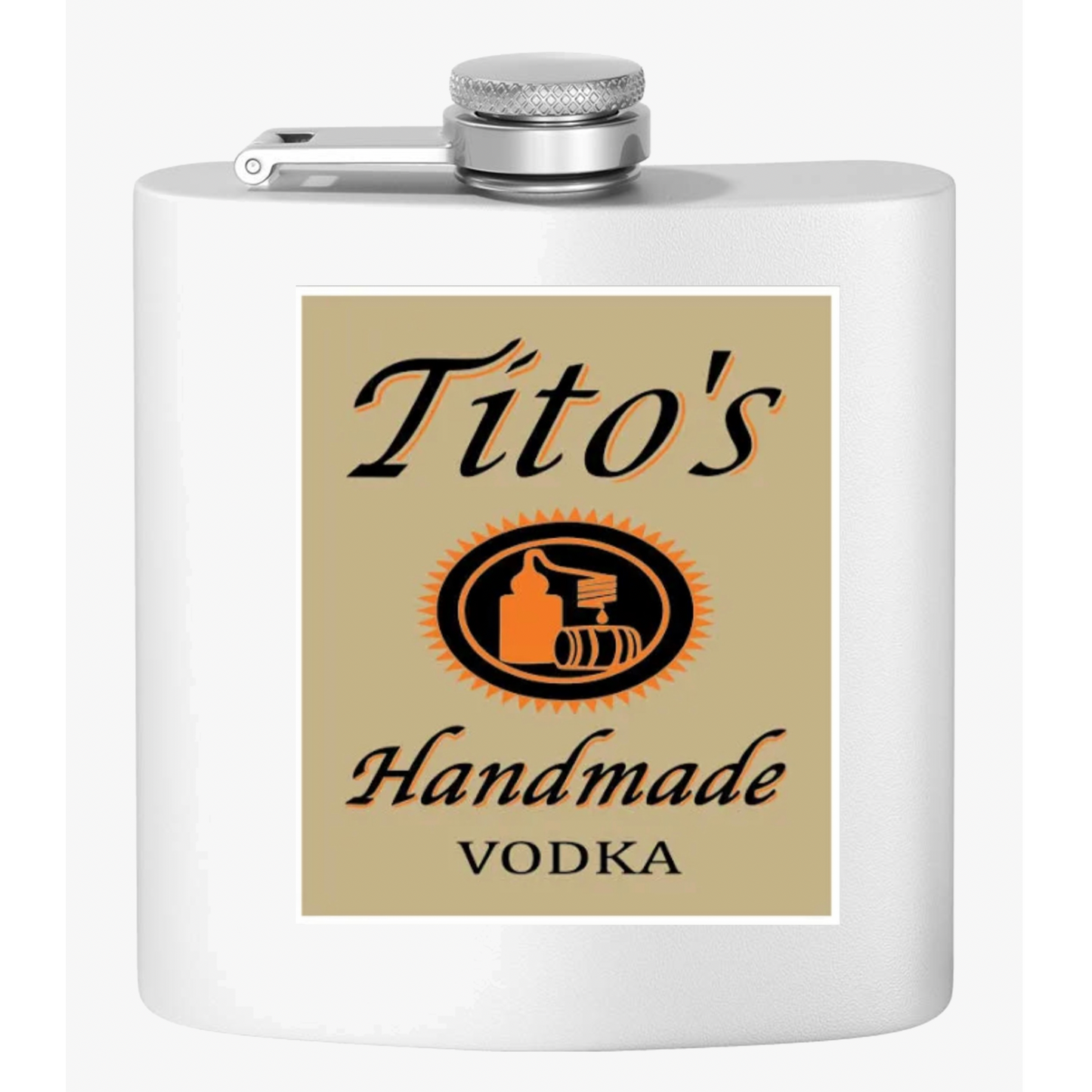 Tito's Label Stainless Steel Flask, 6oz (tan on white)  | Unique Holiday Gifts | Stocking Stuffer Ideas