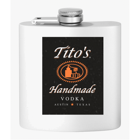 Tito's Label Stainless Steel Flask, 6oz (black on white)  | Unique Holiday Gifts | Stocking Stuffer Ideas