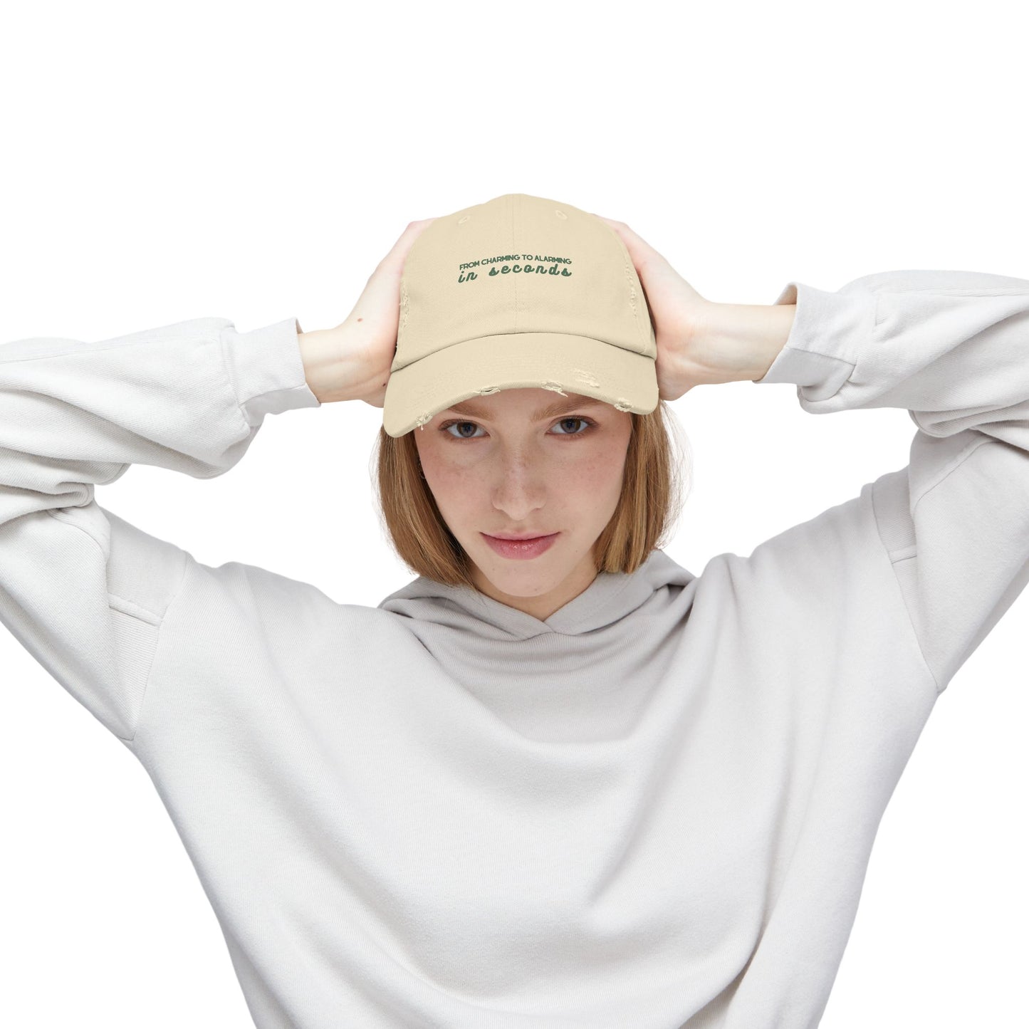 From Charming to Alarming in Seconds" Distressed Baseball Cap | Noah Kahan-inspired Hat | Custom & Unique Merch and Gifts