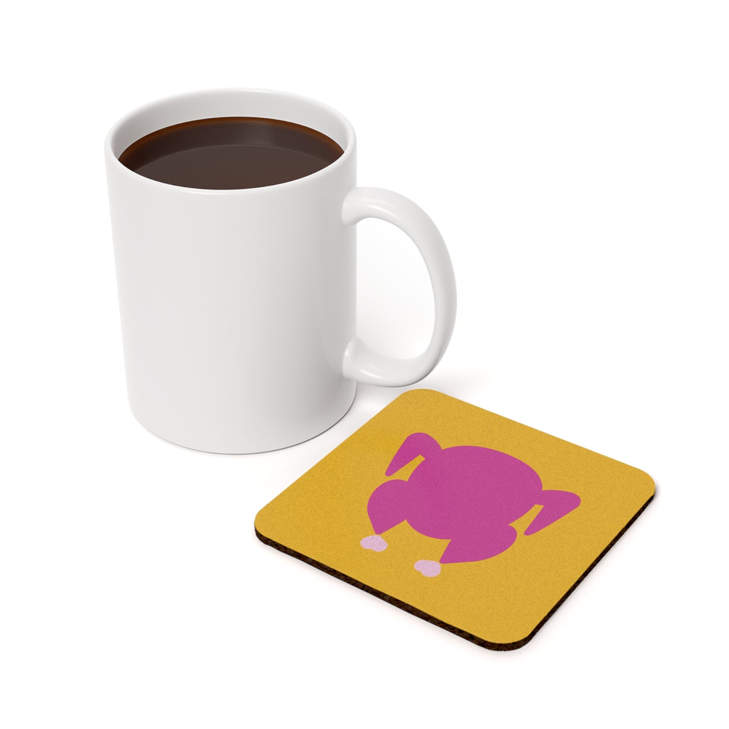 "Hot to Trot" Turkey Cork Back Coasters (pink on yellow) | Colorful & Modern Thanksgiving Coasters