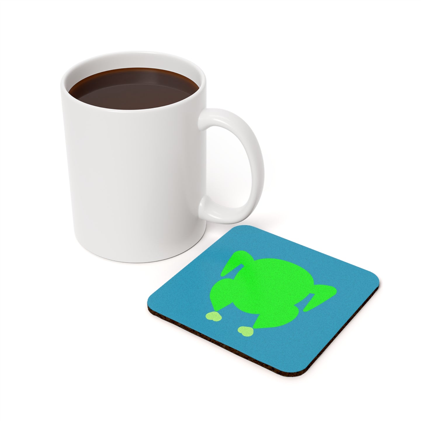 "Hot to Trot" (apple martin green on blue) Cork Back Turkey Coaster  | Colorful & Modern Thanksgiving Coaster